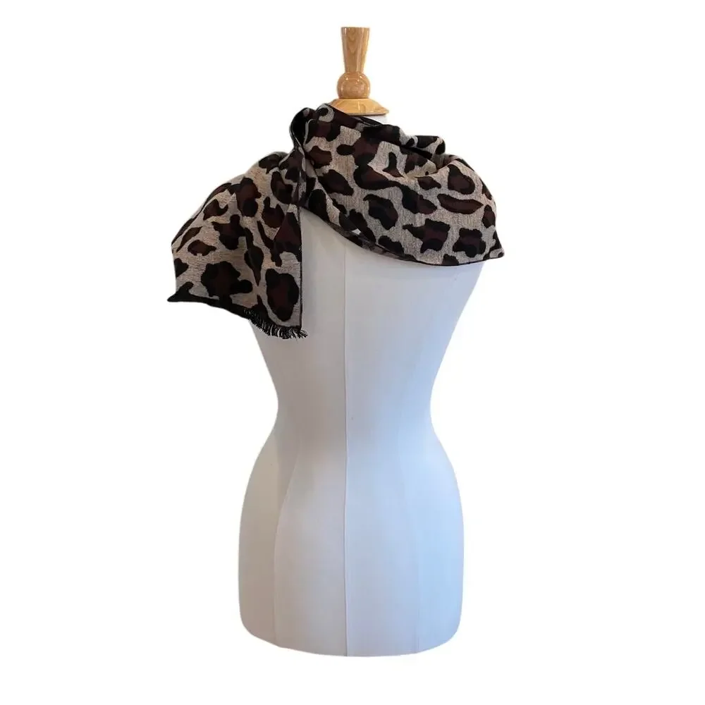 Alfani Brushed Silk Animal Print Scarf /Leopard Print Scarf with Fringe 66 x 12